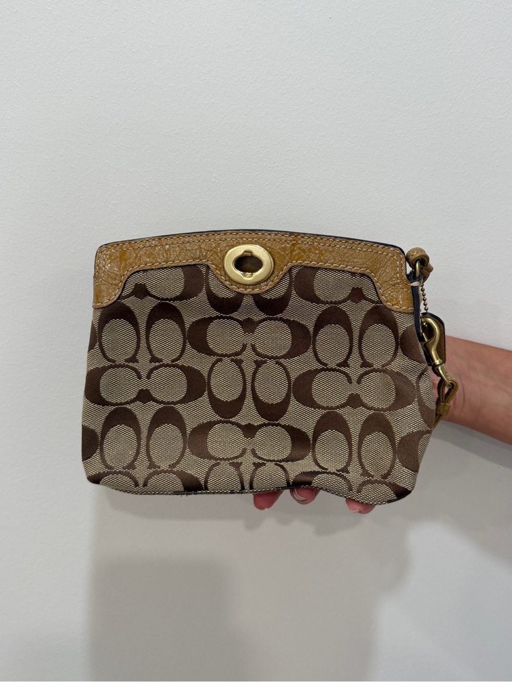 Coach Signature Canvas Wristlet in Brown with Tan Trim